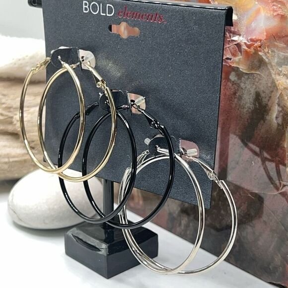 Gold/Black/Silver Basic 3 Hoop Set Bold Elements Earrings Set $16ea / 3 for $25 - Picture 1 of 5